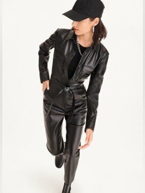 DKNY Black Faux Leather Belted Jumpsuit
